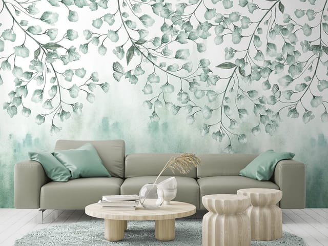 Fototapeta z gałęziami, liśćmi i delikatnymi kwiatami na akwarelowym tle