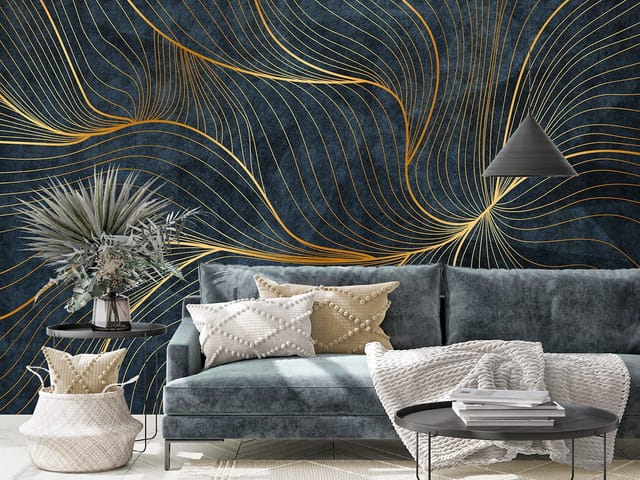 Fototapeta ze złotymi liniami na ciemnym, teksturowanym tle, tworzącymi faliste wzory