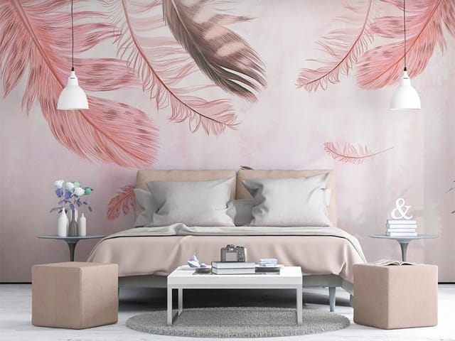 Fototapeta z delikatnymi piórami na jasnym, pastelowym tle