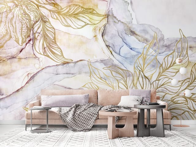 Fototapeta z abstrakcyjnymi złotymi liśćmi na pastelowym tle