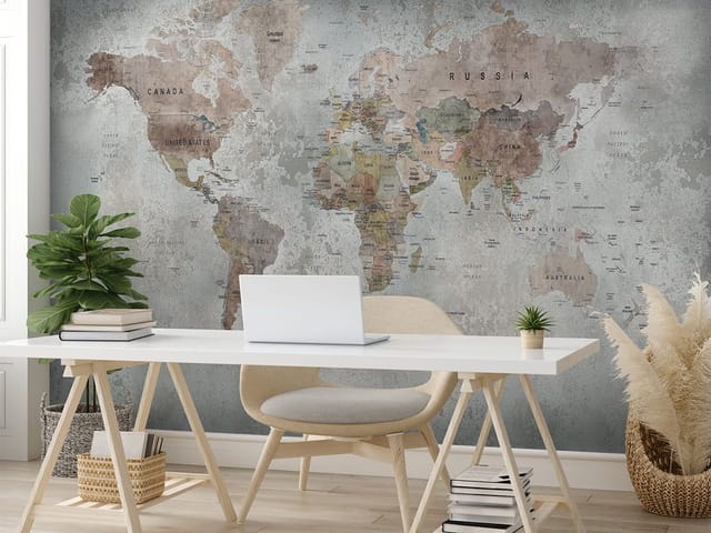 Fototapeta z mapą świata na tle przypominającym starą mapę