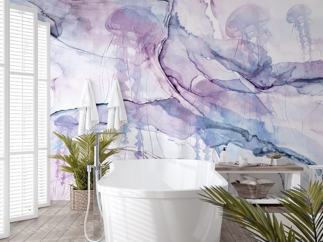 Fototapeta z meduzami na abstrakcyjnym tle, delikatne linie i przejrzyste formy