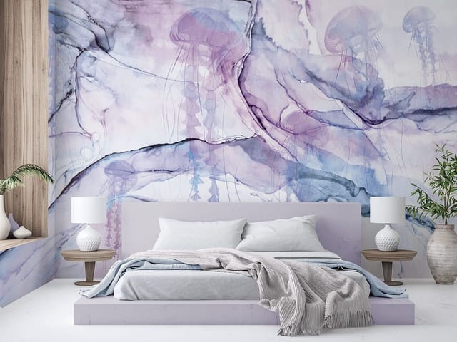 Fototapeta z meduzami na abstrakcyjnym tle, delikatne linie i przejrzyste formy