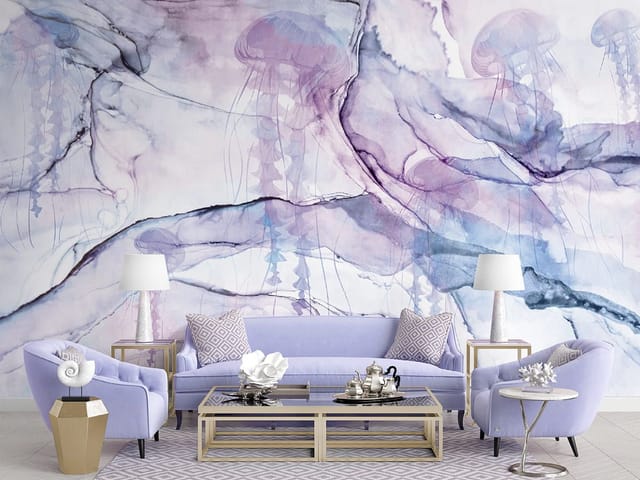 Fototapeta z meduzami na abstrakcyjnym tle, delikatne linie i przejrzyste formy