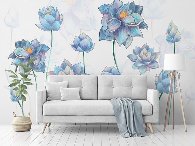 Fototapeta Kwiaty lotosu na jasnym tle (kod: 25502) Fototapeta z kwiatami lotosu na długich łodygach w odcieniach niebieskiego