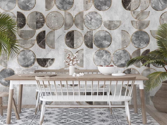 Fototapeta z geometrycznymi wzorami okręgów i półokręgów w szaro-beżowej tonacji