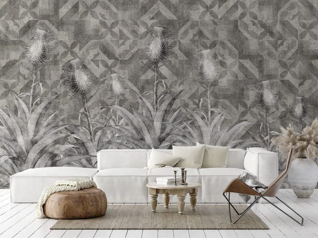 Fototapeta z roślinami o kolczastych kwiatach i geometrycznym wzorze