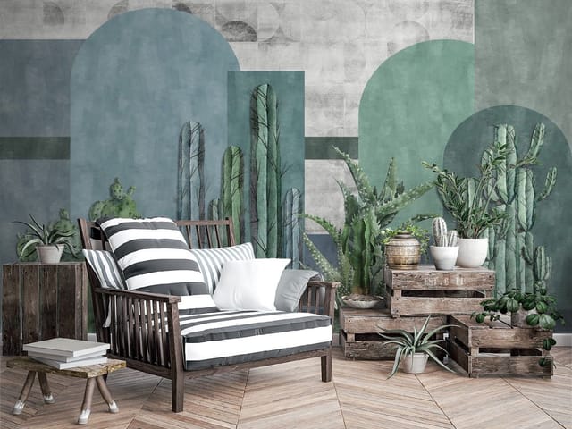 Fototapeta z kaktusami i sukulentami na geometrycznym tle w zieleni i szarości