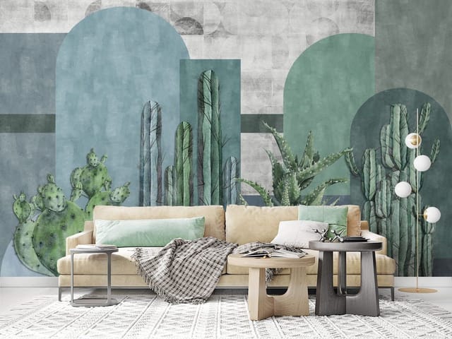 Fototapeta z kaktusami i sukulentami na geometrycznym tle w zieleni i szarości