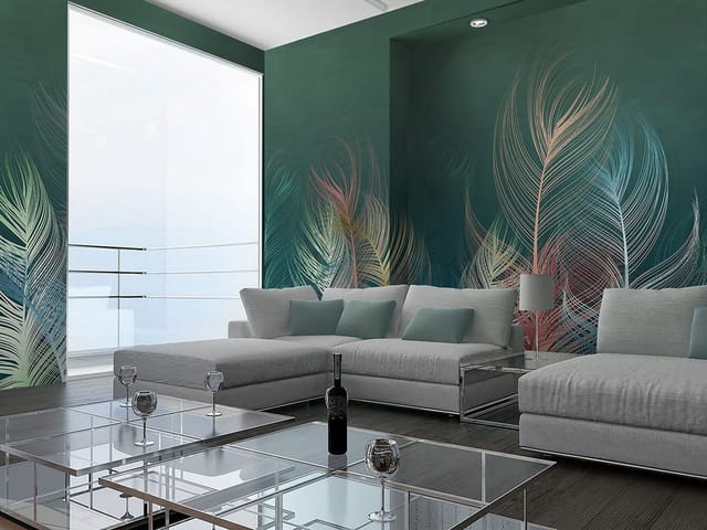 Fototapeta z kolorowymi piórami na tle zielonego nieba, różne odcienie