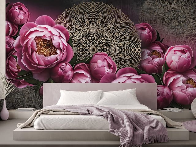 Fototapeta Różowe piwonie i złote mandale