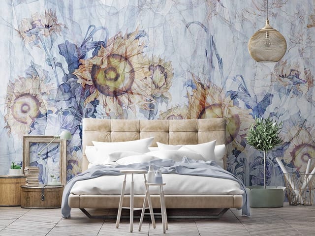 Fototapeta z dużymi słonecznikami na tle z odcieniami niebieskiego