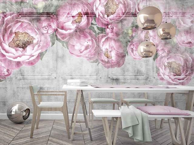 Fototapeta z dużymi różowymi piwoniami na szarym tle z geometrycznymi wzorami