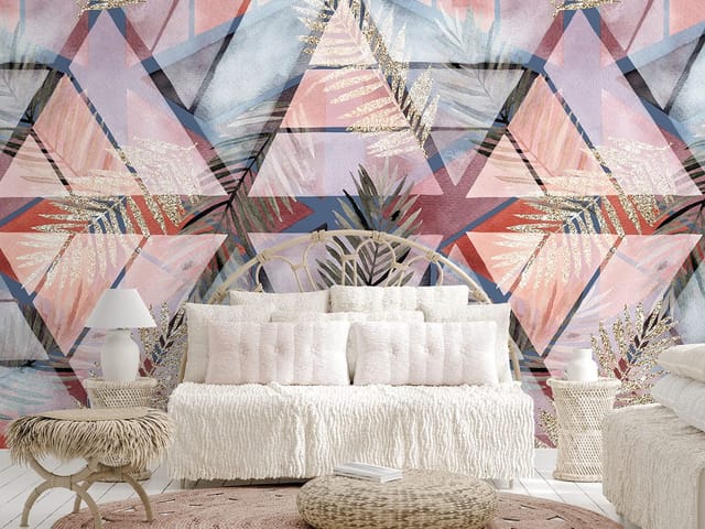 Fototapeta z geometrycznymi wzorami i pastelowymi liśćmi