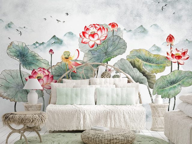 Fototapeta z kwiatami lotosu, górami i mgłą w tle