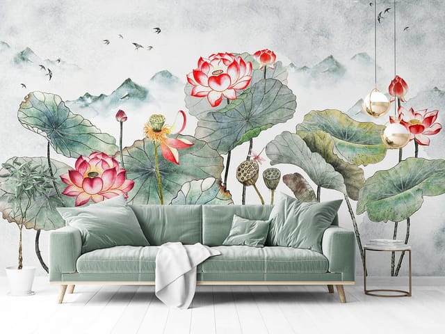 Fototapeta z kwiatami lotosu, górami i mgłą w tle