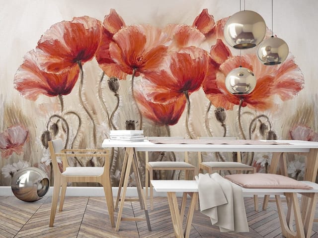 Fototapeta z czerwonymi makami na długich łodygach i jasnym tle