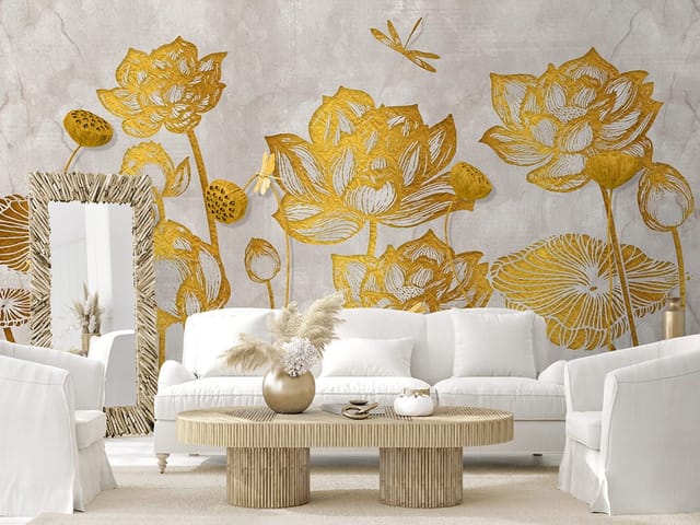 Fototapeta Złote Lotosy na Szarym Tle