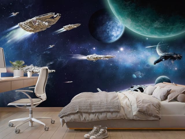 Fototapeta Kosmiczna podróż wśród planet (mpn: FT-2580) Fototapeta Planety – statki kosmiczne w przestrzeni kosmicznej
