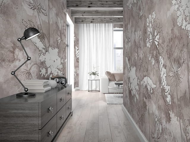 Fototapeta z delikatnymi kwiatami na długich łodygach i szarym tle