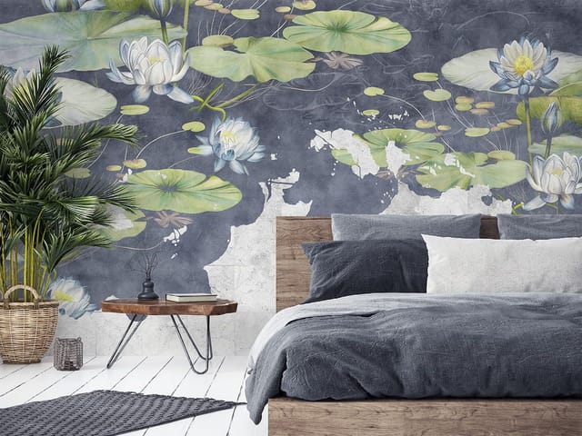 Fototapeta z liliami wodnymi i liśćmi na ciemnoniebieskim tle