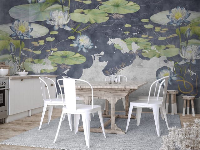 Fototapeta z liliami wodnymi i liśćmi na ciemnoniebieskim tle