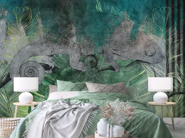 Fototapeta Kameleon wśród leśnych liści (kod: 25848) Fototapeta z kameleonem na gałęzi wśród zielonych liści