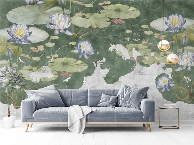 Fototapeta z kwiatami lilii wodnych na stawie z zielonym tłem