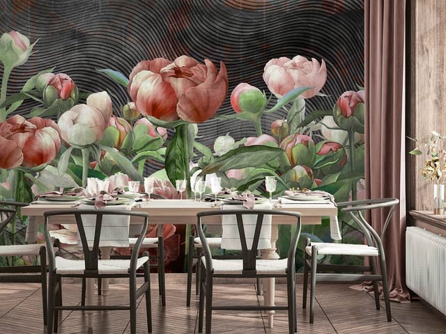 Fototapeta z bukietem różowych piwonii na ciemnym tle