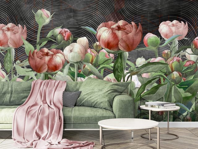 Fototapeta z bukietem różowych piwonii na ciemnym tle