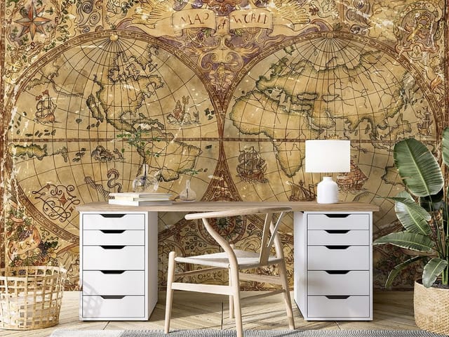 Fototapeta przedstawiająca starą mapę świata z globusami i statkami