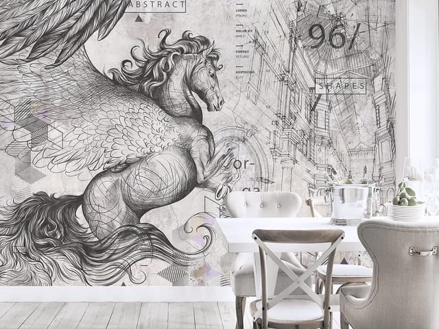 Fototapeta ze skrzydlatym koniem w locie, geometryczne wzory i szkice