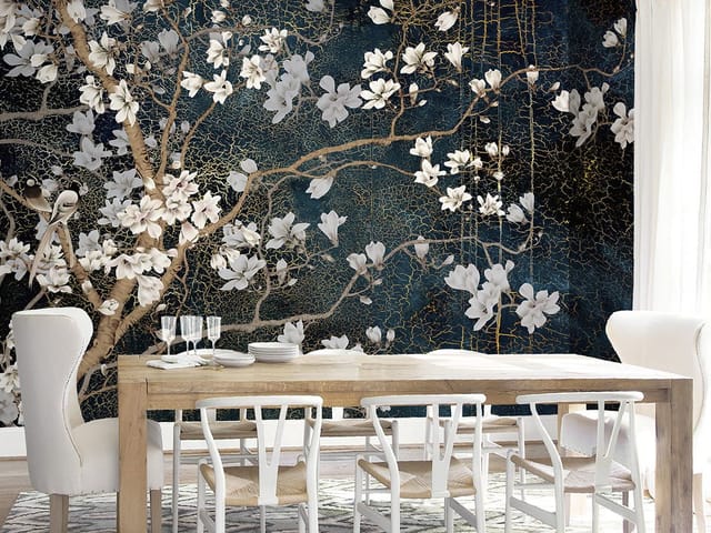 Fototapeta z gałęziami drzewa i białymi kwiatami na ciemnym tle