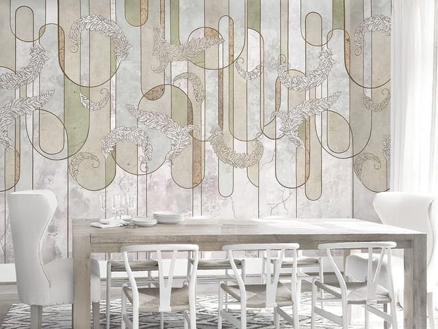 Fototapeta z ornamentami roślinnymi na tle pionowych pasów w kolorach ziemi i zieleni