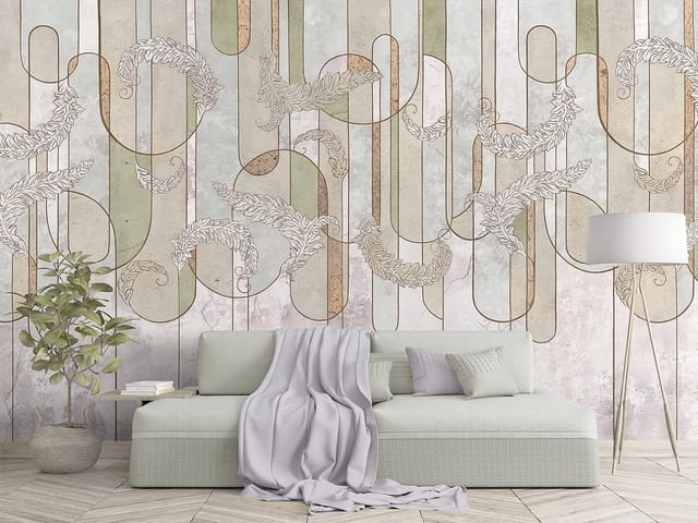 Fototapeta z ornamentami roślinnymi na tle pionowych pasów w kolorach ziemi i zieleni