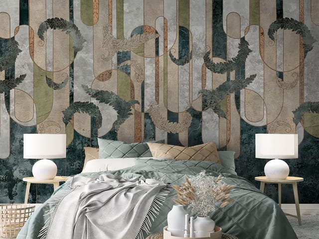 Fototapeta z abstrakcyjnymi wzorami liści i geometrycznymi kształtami