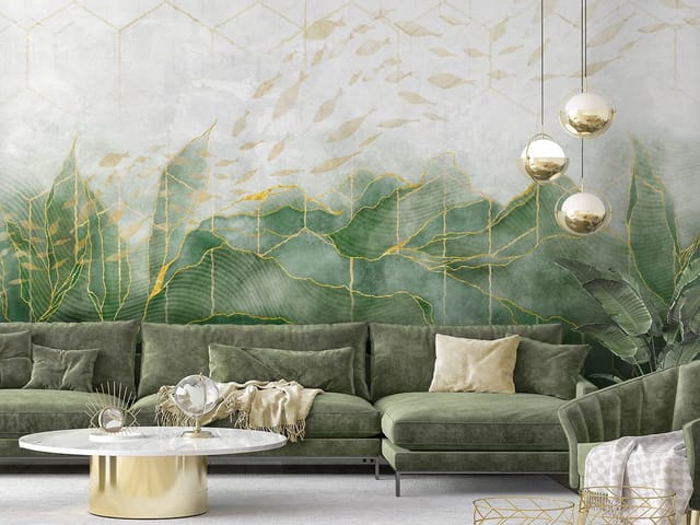 Fototapeta z abstrakcyjnymi zielonymi wzorami i złotymi liniami na białym tle