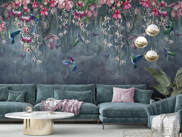 Fototapeta z kolorowymi kwiatami i kolibrami na niebieskim tle