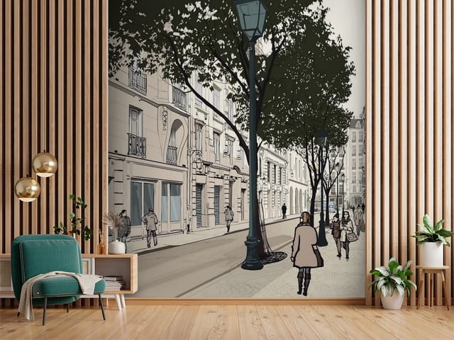 Fototapeta Ilustracje miast – ulica z drzewami i kamienicami