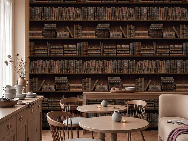 Fototapeta regały z książkami – obraz regału z książkami w bibliotece