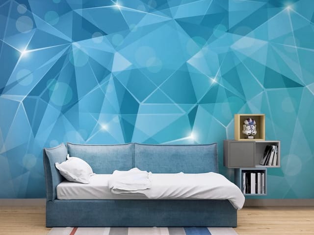 Fototapeta Geometryczne wzory 3D w odcieniach niebieskiego (mpn: FT-3009) Fototapeta 3D abstrakcja – geometryczne wzory z wielokątów