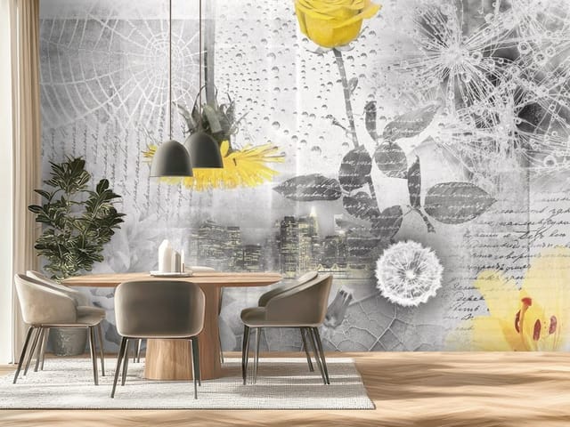 Fototapeta Murale kwiatowe – żółty kwiat kontrastujący z miastem