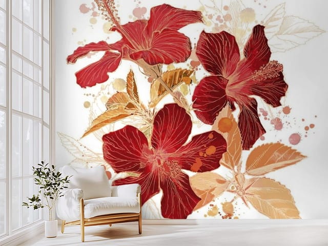 Fototapeta Czerwone Hibiskusy na Białym Tle (mpn: FT-310) Fototapeta Lilie – czerwone kwiaty hibiskusa z wyraźnymi żyłkami