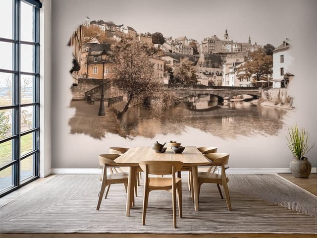 Fototapeta Most nad rzeką w miejskiej scenerii (mpn: FT-3104) Fototapeta – Ilustracje miast z kamiennym mostem nad rzeką