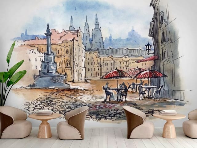 Fototapeta Ilustracje miast – plac z pomnikiem i parasolami