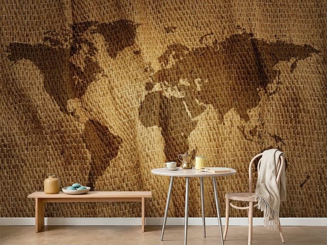 Fototapeta Mapa świata na jutowym tle (mpn: FT-3208) Fototapeta Stare mapy – mapa świata na tle jutowym