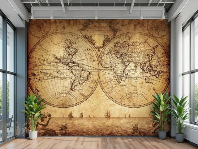 Fototapeta Stara mapa świata z globusami (mpn: FT-3210) Fototapeta Stare mapy – stara mapa świata z kontynentami