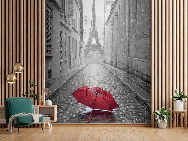 Fototapeta Ulice i alejki – czerwony parasol na mokrej ulicy