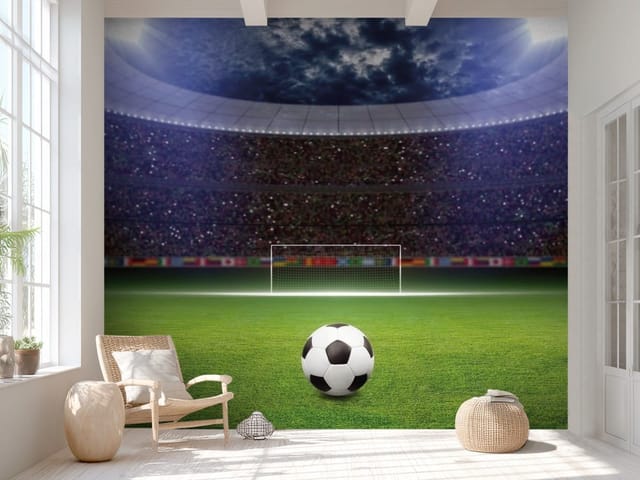 Fototapeta Piłka Nożna – piłka na murawie stadionu z trybunami