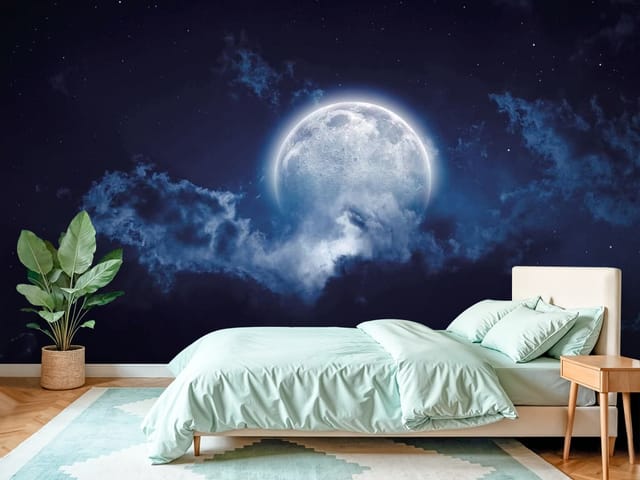 Fototapeta Księżyc w pełni na nocnym niebie (mpn: FT-3349) Fototapeta Planety księżyc w pełni otoczony chmurami